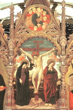 Madonna in trono con Bambino, angeli e angeli musicanti, santi e storie di Sant'Eustachio